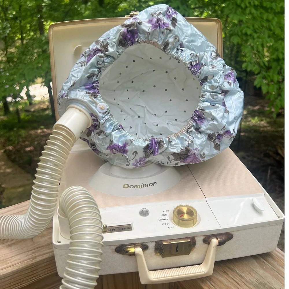 Hair Dryer Dominion 1960s‎ Portable Vanity Case White Floral Bonnet Vintage Tool